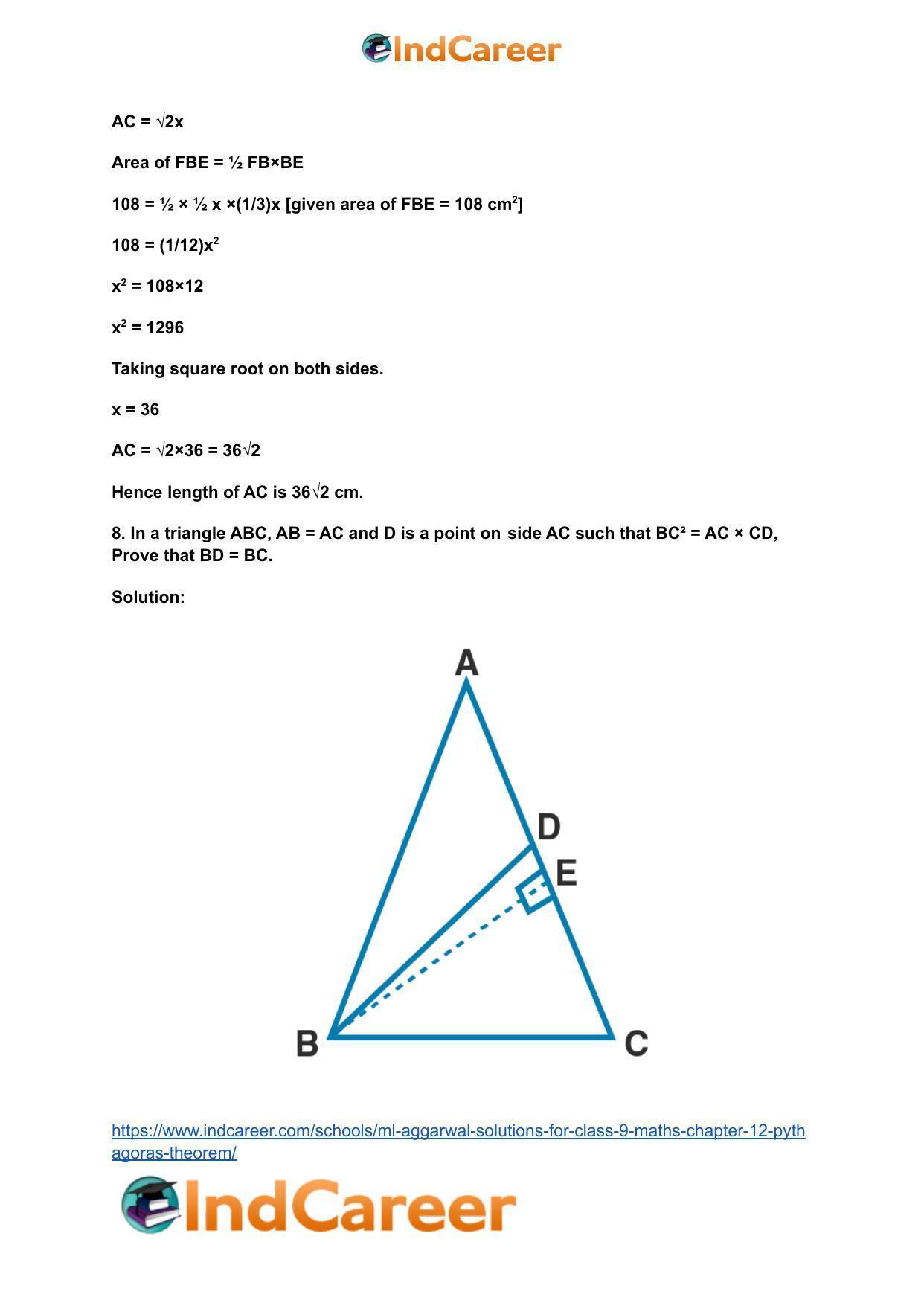 ML Aggarwal Solutions for Class 9 Maths Chapter 12- Pythagoras Theorem - Page 58