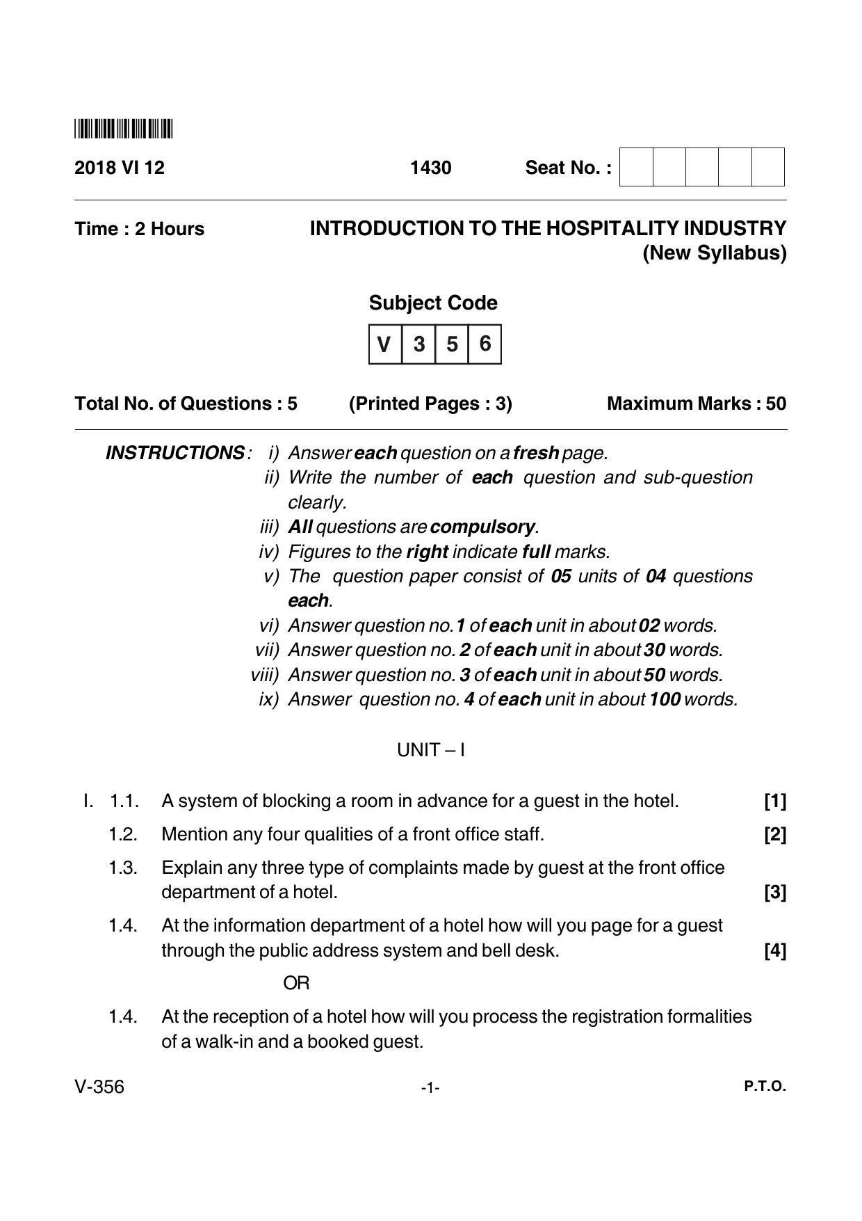 Goa Board Class 12 Introduction to Hospitality Industry  Voc 356 New Syllabus (June 2018) Question Paper - Page 1