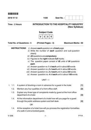 Goa Board Class 12 Introduction to Hospitality Industry  Voc 356 New Syllabus (June 2018) Question Paper