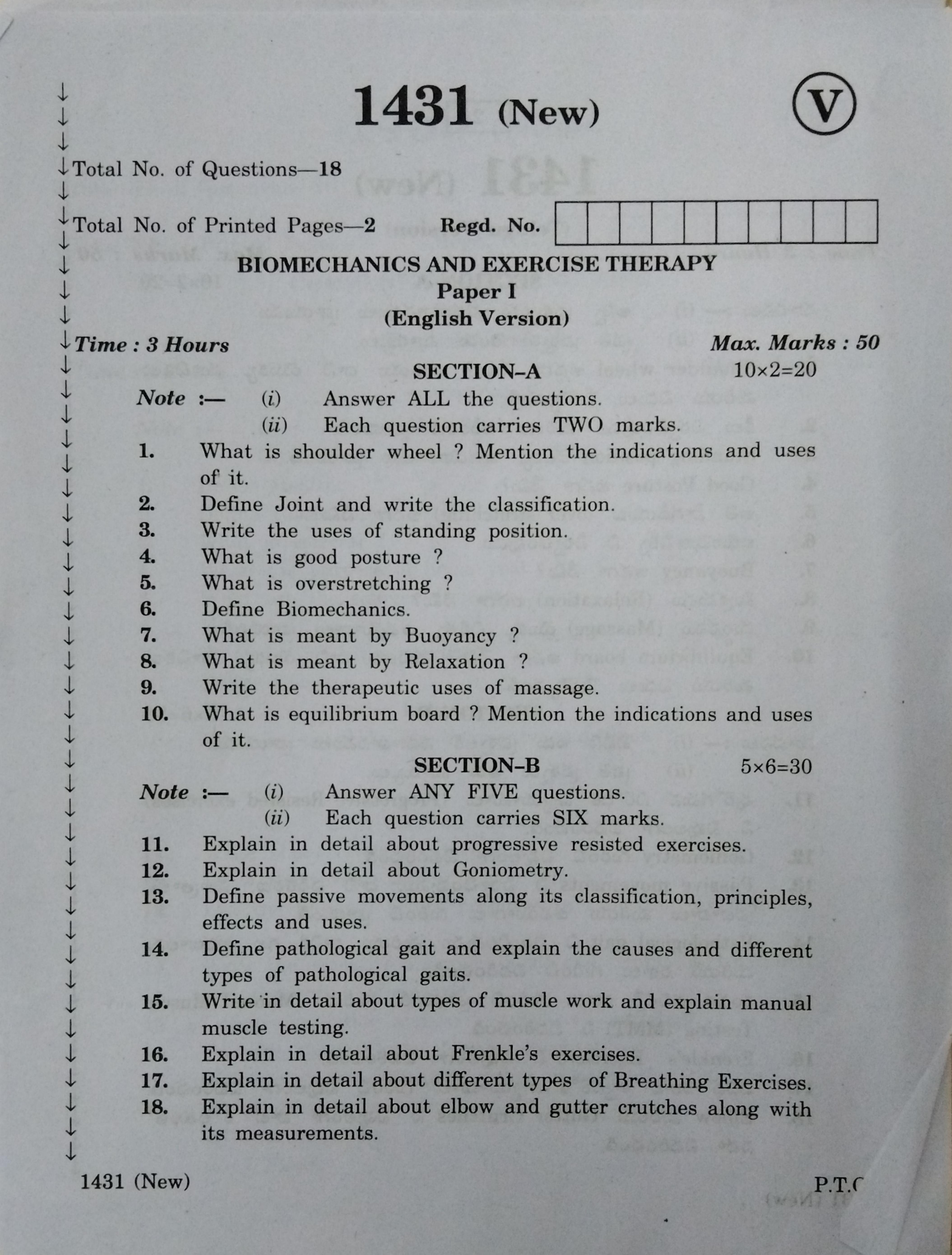 AP Inter 2nd Year Vocational Question Paper March - 2020 - Biomechanics Exercise Therapy - I - Page 1