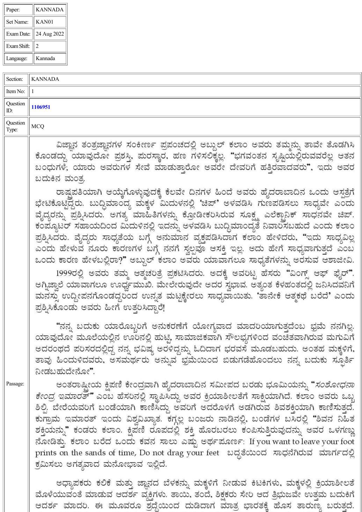 CUET 2022 Question Paper of Kannada - Page 1