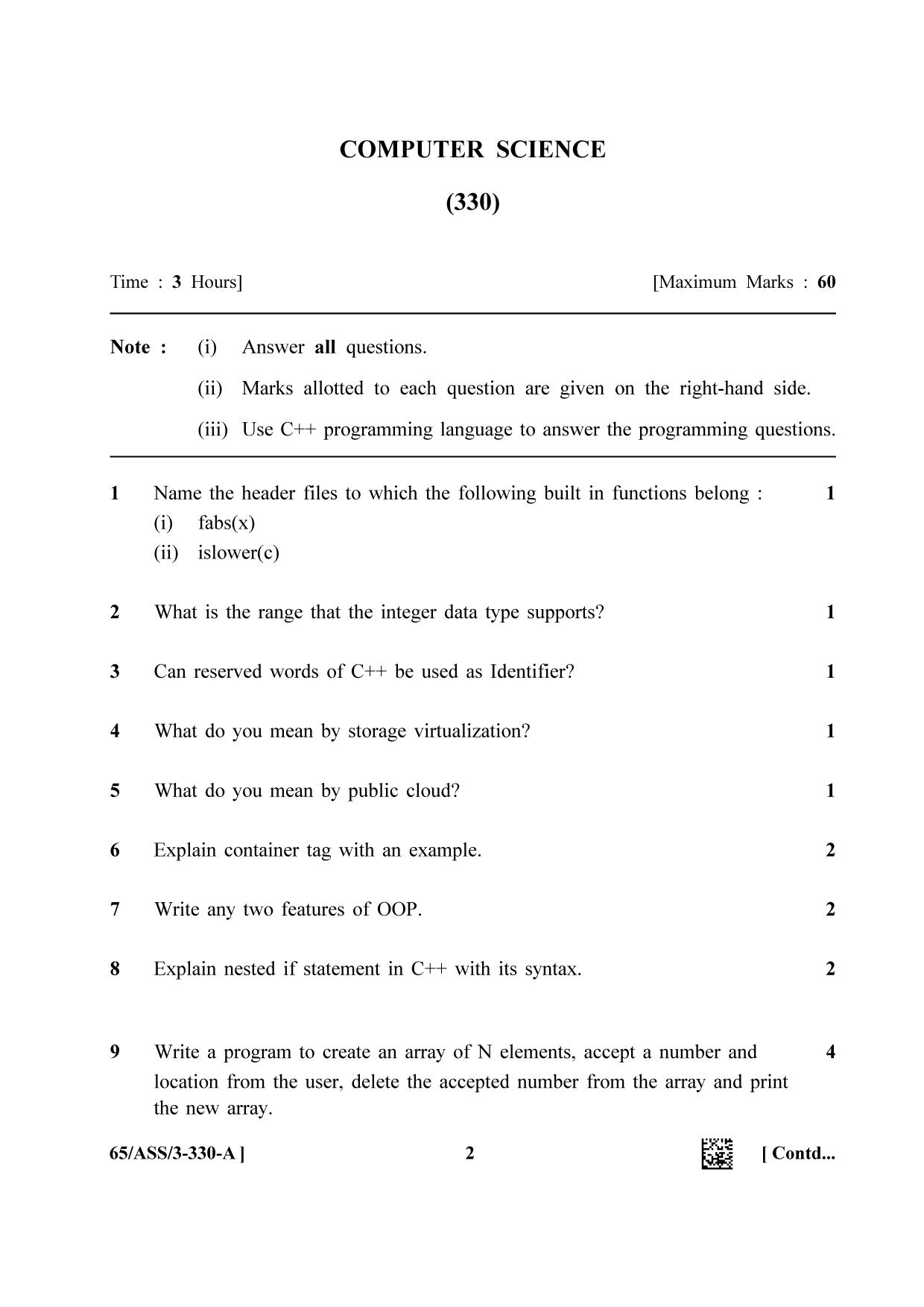 NIOS 2023 Class 12 Computer Science (ASS) Question Paper - Page 2