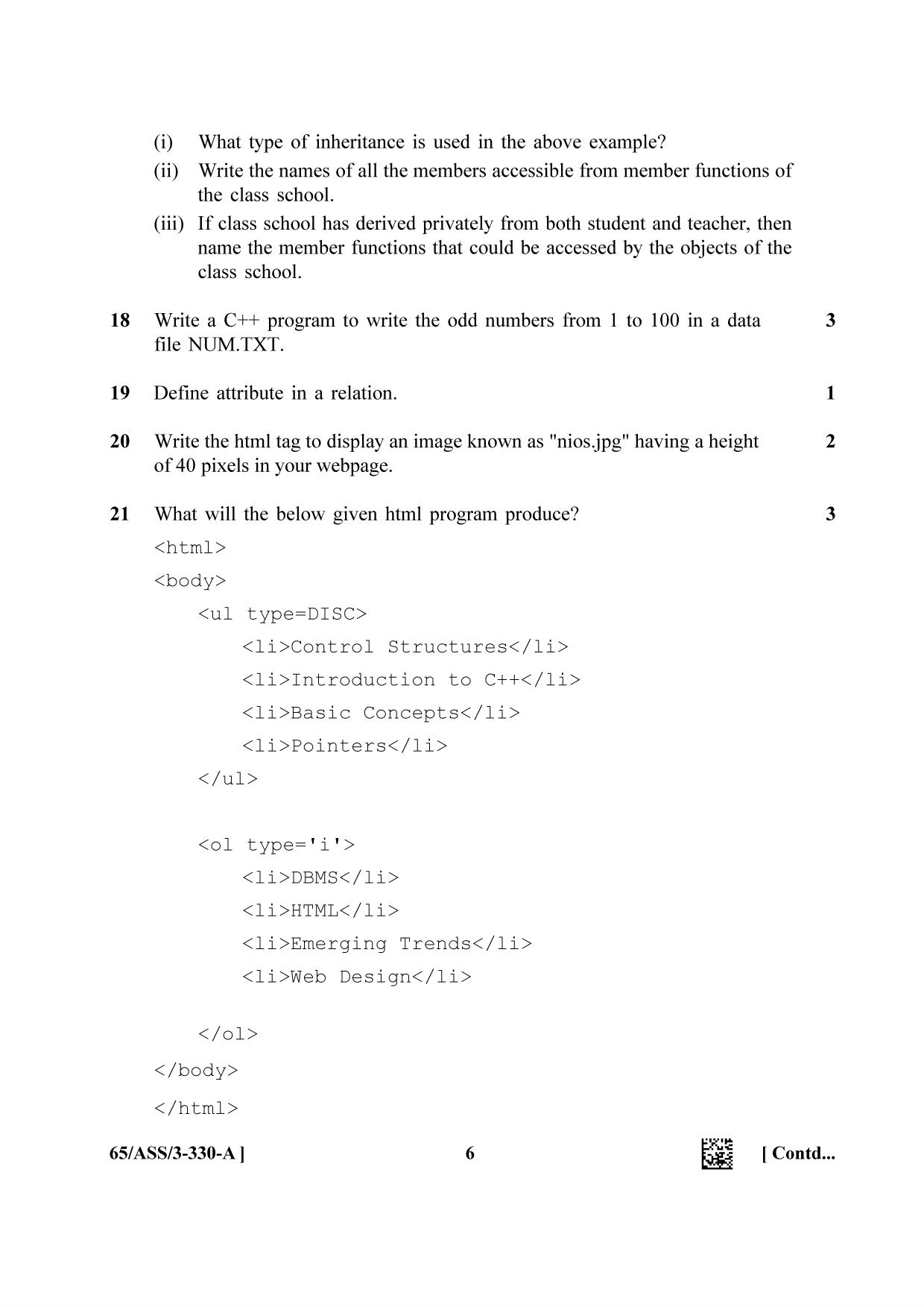 NIOS 2023 Class 12 Computer Science (ASS) Question Paper - Page 6