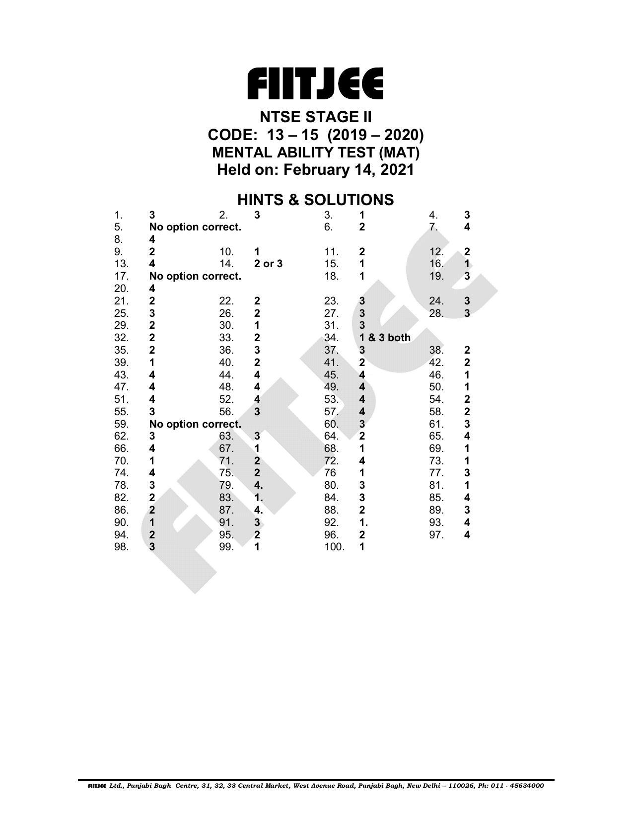 NTSE 2020 (Stage II) MAT Answer Key (Held on: February 14, 2021) - Page 1