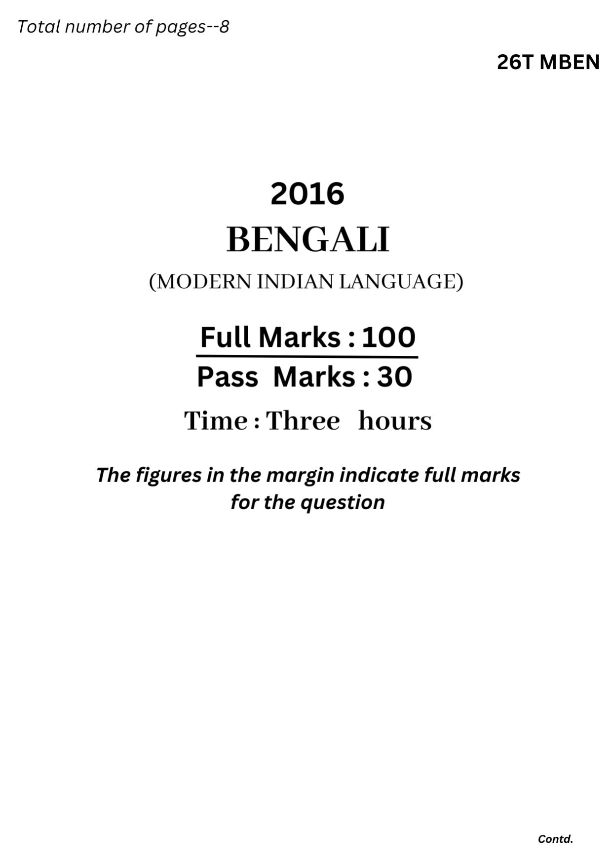 Assam HS 2nd Year Bengali MIL 2016 Question Paper - Page 1