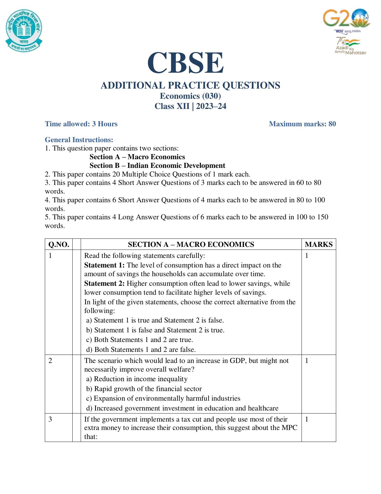 CBSE Class 12 Economics SET 1 Practice Questions 2023-24  - Page 1