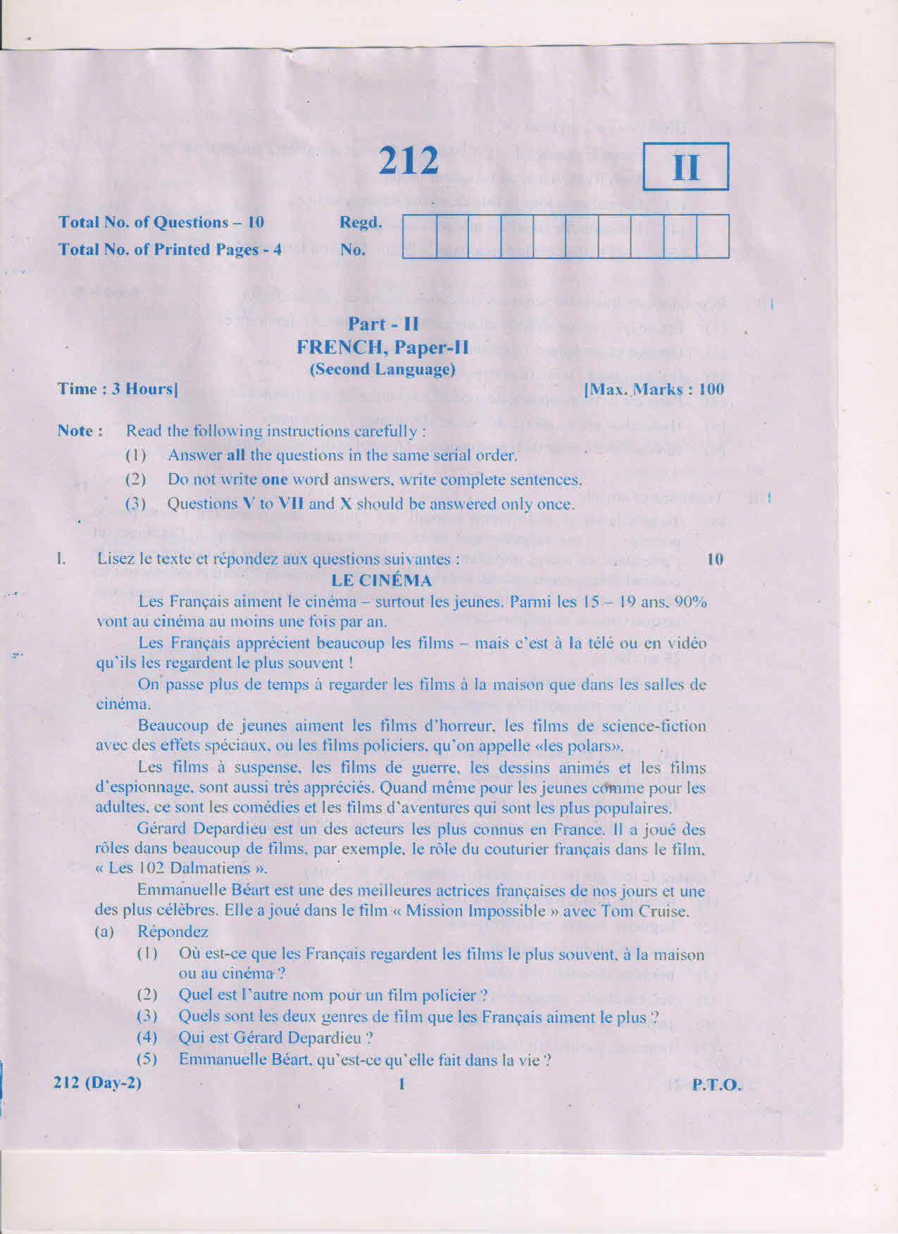 AP Inter 2nd Year French-II March-2019-General Question Paper - Page 1