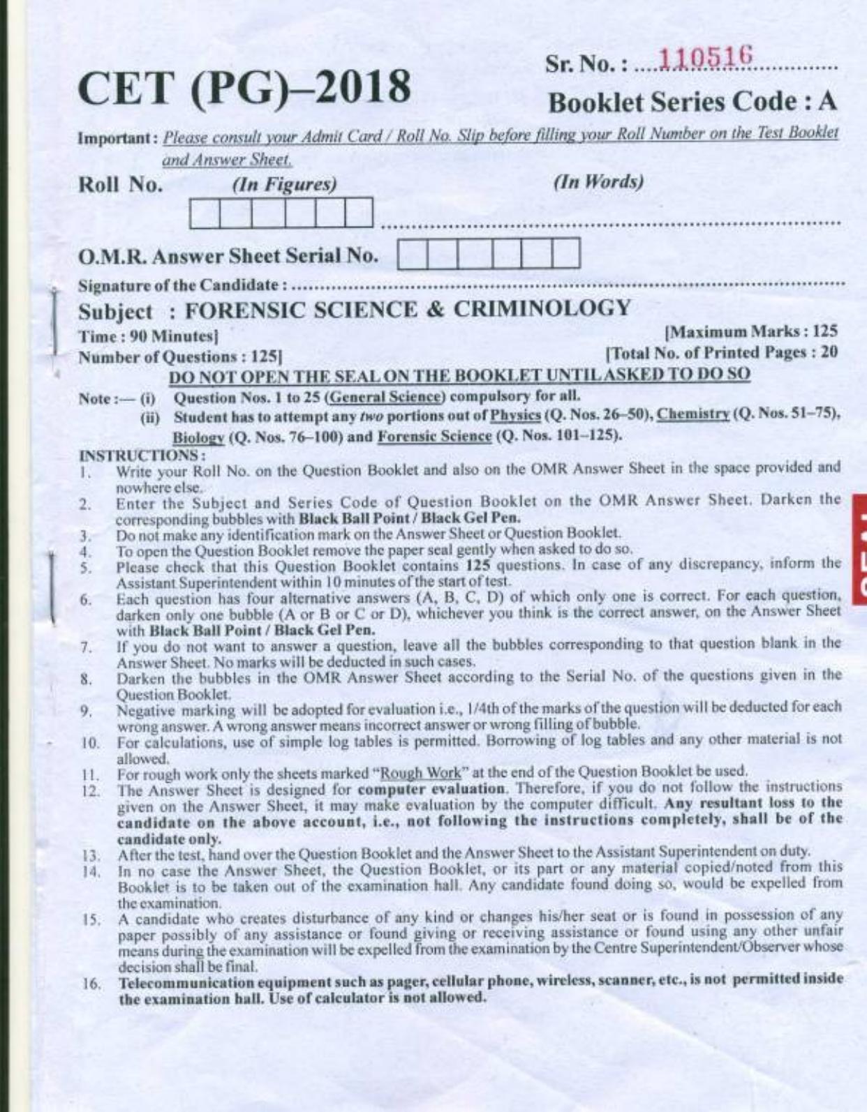 PU CET PG 2018 MSc (2Yr)(Forensic Science & Criminology) Question Paper - Page 1