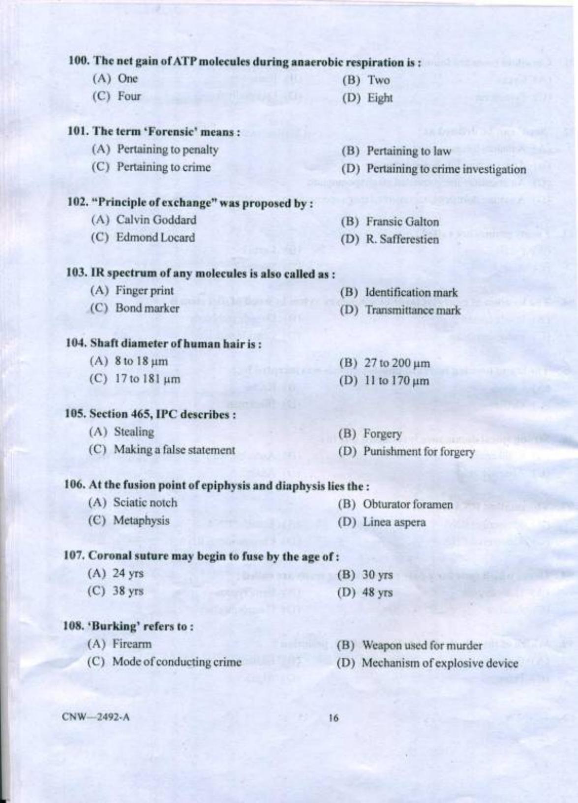 PU CET PG 2018 MSc (2Yr)(Forensic Science & Criminology) Question Paper - Page 15