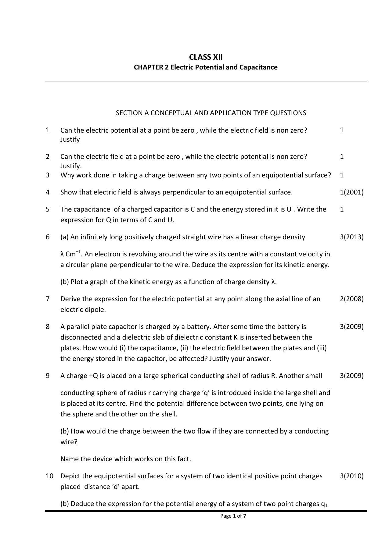 CBSE Worksheets for Class 12 Physics Electric Potential and Capacitance - Page 1