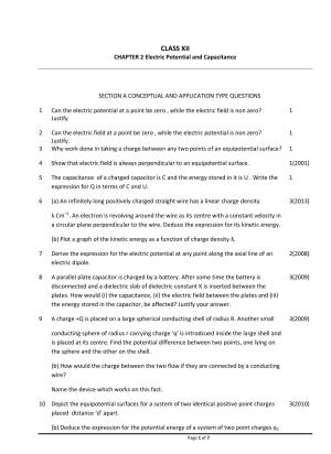 CBSE Worksheets for Class 12 Physics Electric Potential and Capacitance
