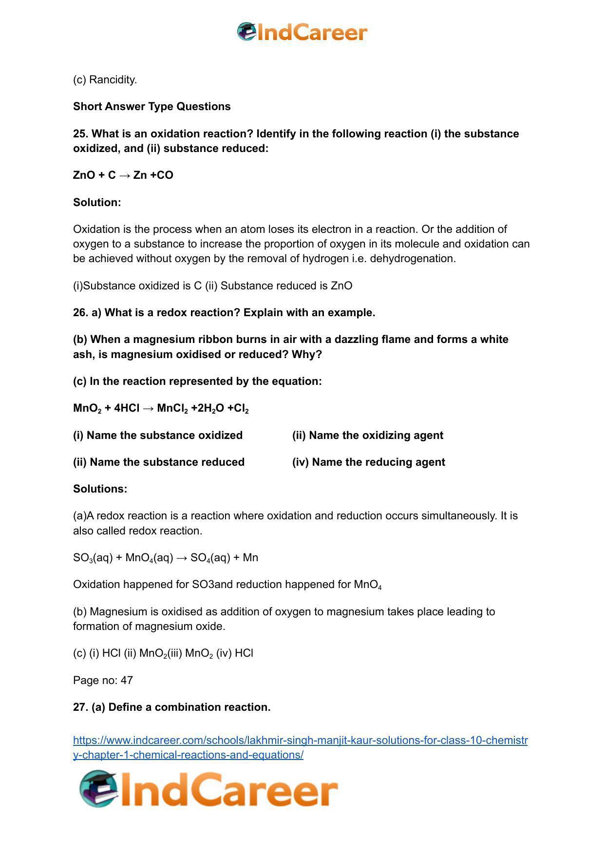 Lakhmir Singh Manjit Kaur Solutions for Class 10 Chemistry: Chapter 1- Chemical Reactions And Equations - Page 32
