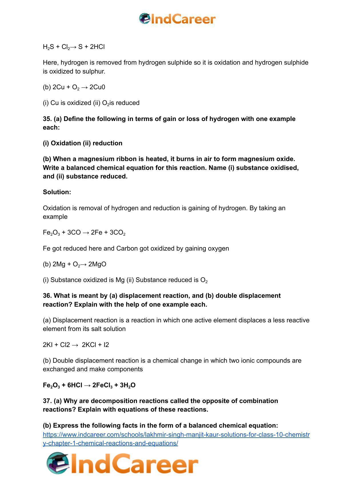 Lakhmir Singh Manjit Kaur Solutions for Class 10 Chemistry: Chapter 1- Chemical Reactions And Equations - Page 36