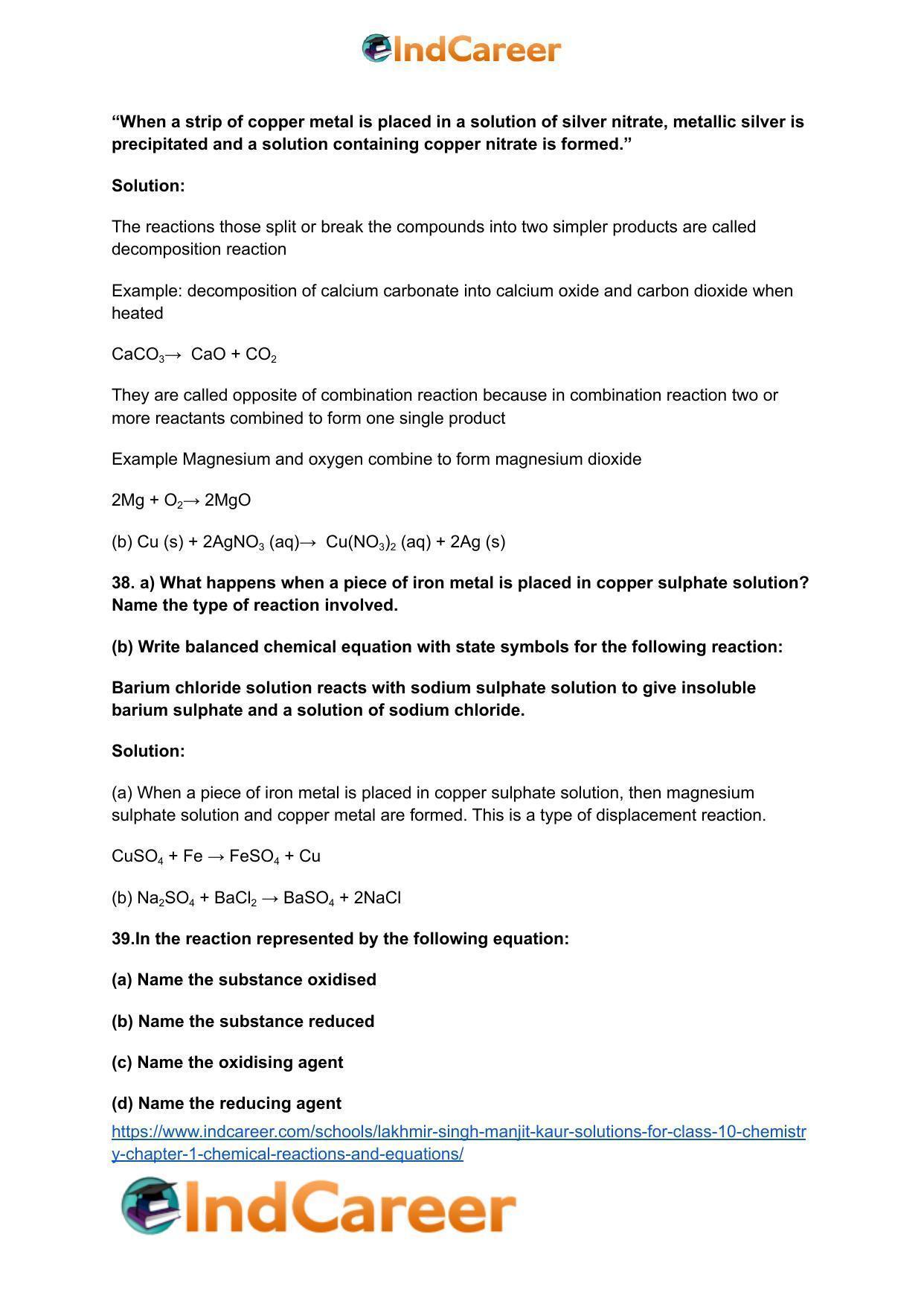 Lakhmir Singh Manjit Kaur Solutions for Class 10 Chemistry: Chapter 1- Chemical Reactions And Equations - Page 37