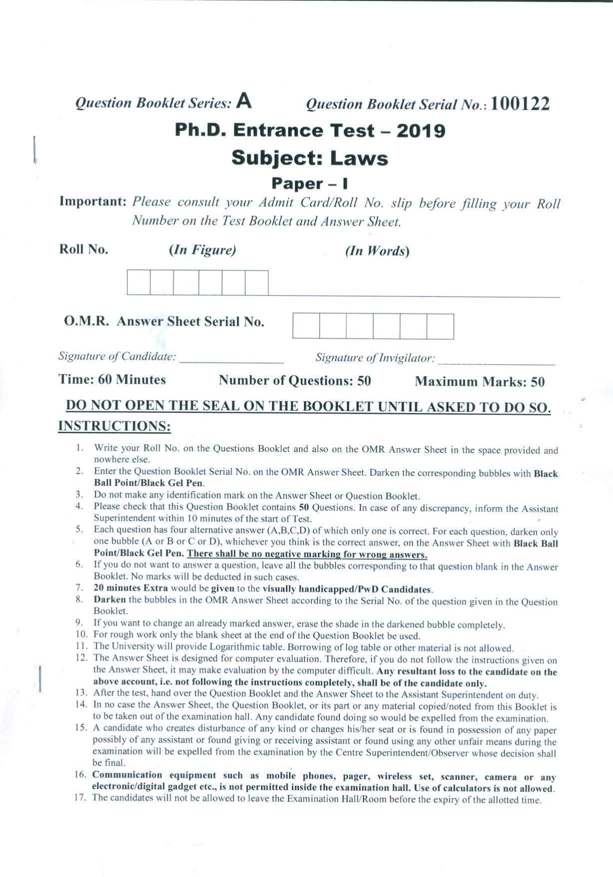 PU MPET Laws 2019 Question Papers - Page 1