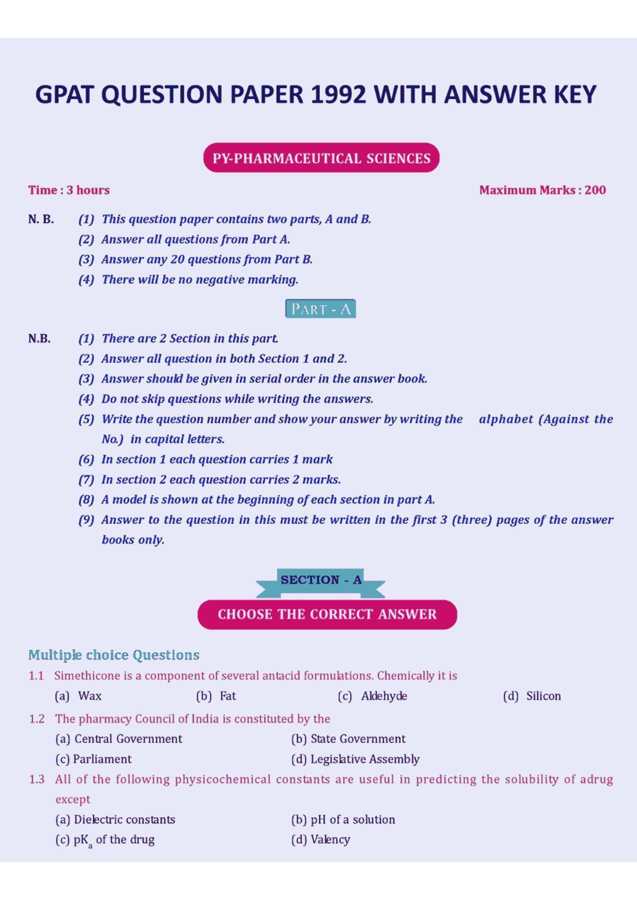 GPAT 1992 Question Paper with Answer Key - Page 1