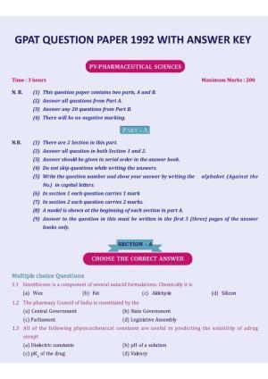GPAT 1992 Question Paper with Answer Key