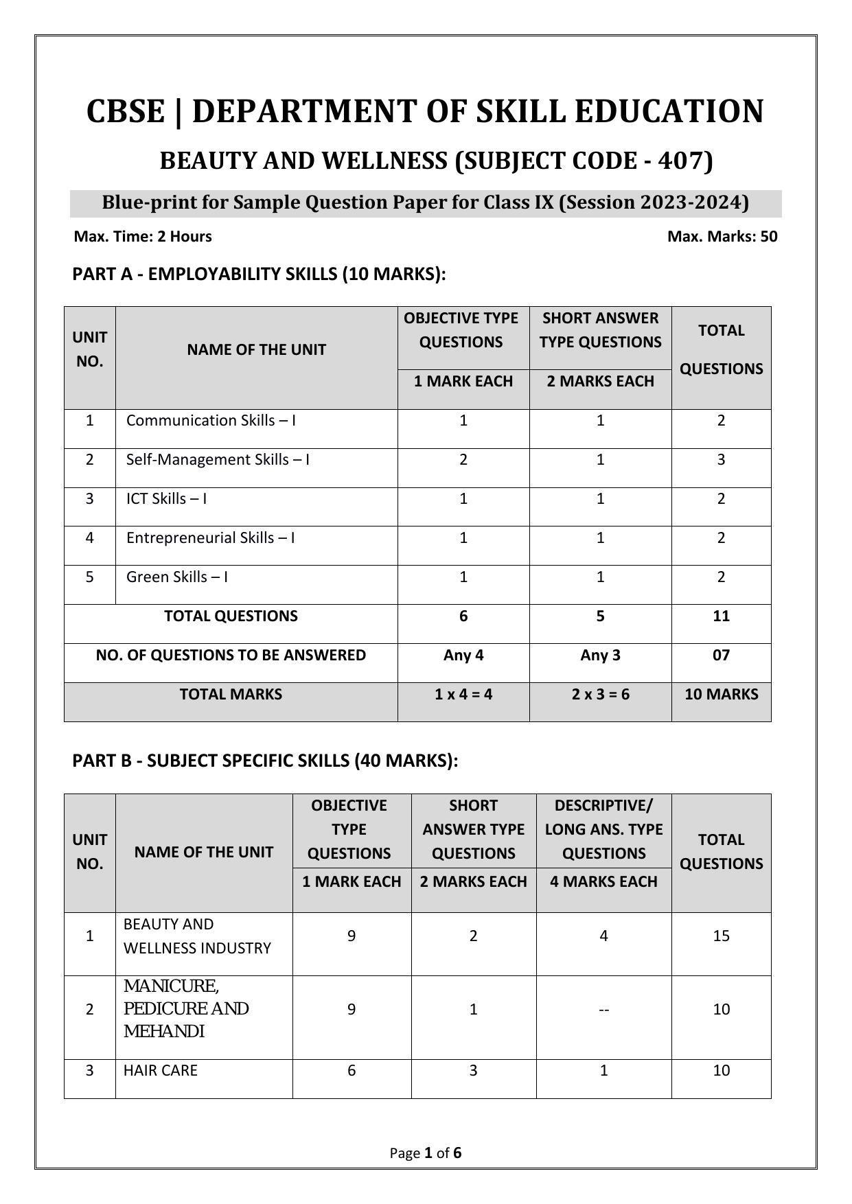 CBSE Class 9 BEAUTY AND WELLNESS Skill Education-Sample Paper 2024 - Page 1