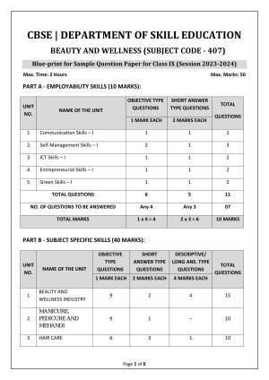 CBSE Class 9 BEAUTY AND WELLNESS Skill Education-Sample Paper 2024