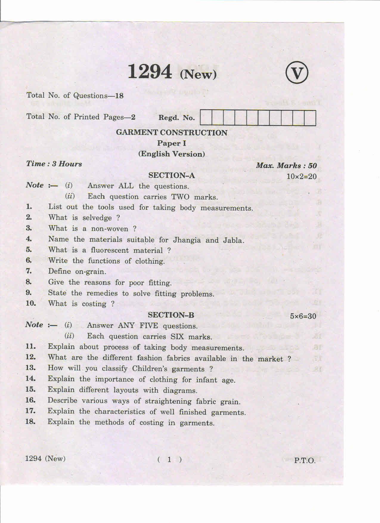 AP Inter 1st Year Garment Construction-I (New) March-2019-Vocational Question Paper - Page 1
