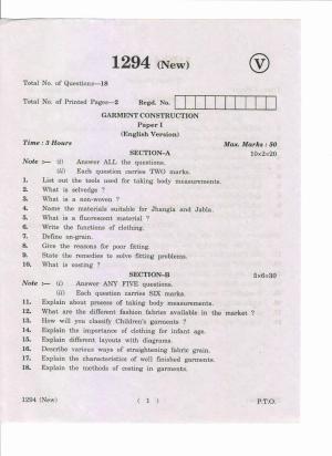 AP Inter 1st Year Garment Construction-I (New) March-2019-Vocational Question Paper