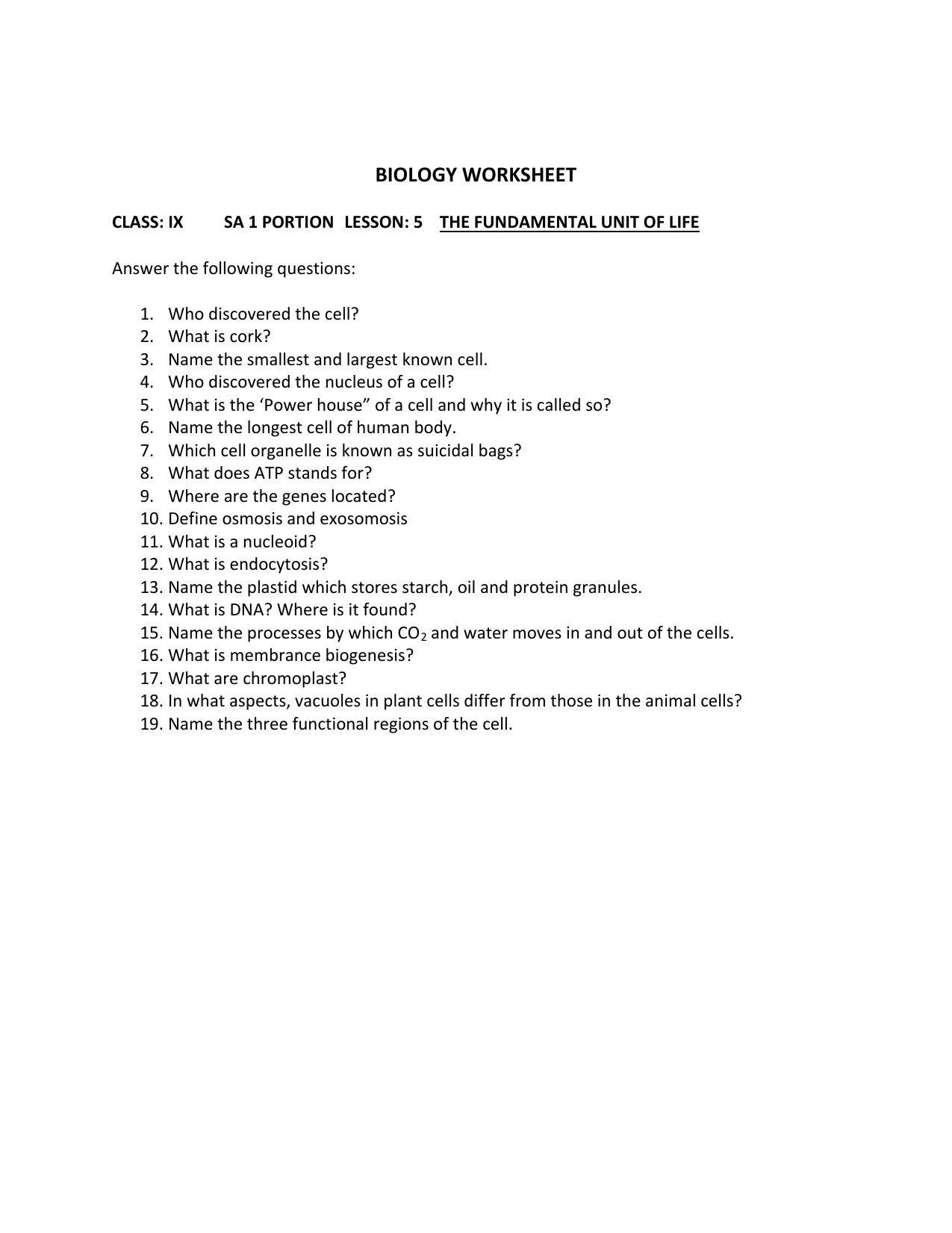 CBSE Worksheets for Class 9 Biology The Fundamental Unit of Life Assignment 1  - Page 1