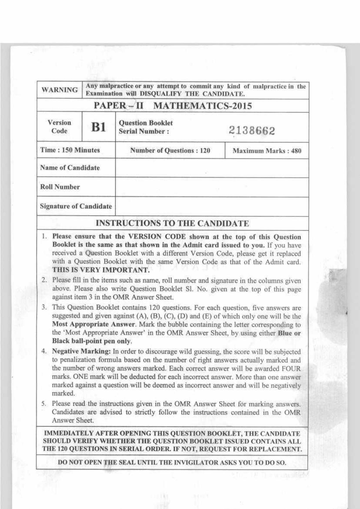 KEAM Paper II 2015 Question Paper - Page 1