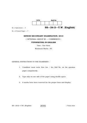 Class 12 2010 Typewriting English RBSE Question Paper