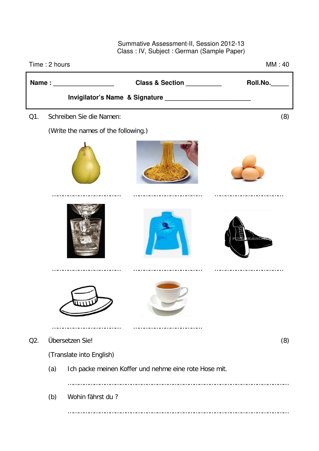 Worksheet for Class 4 German Assignment 1 - Page 1