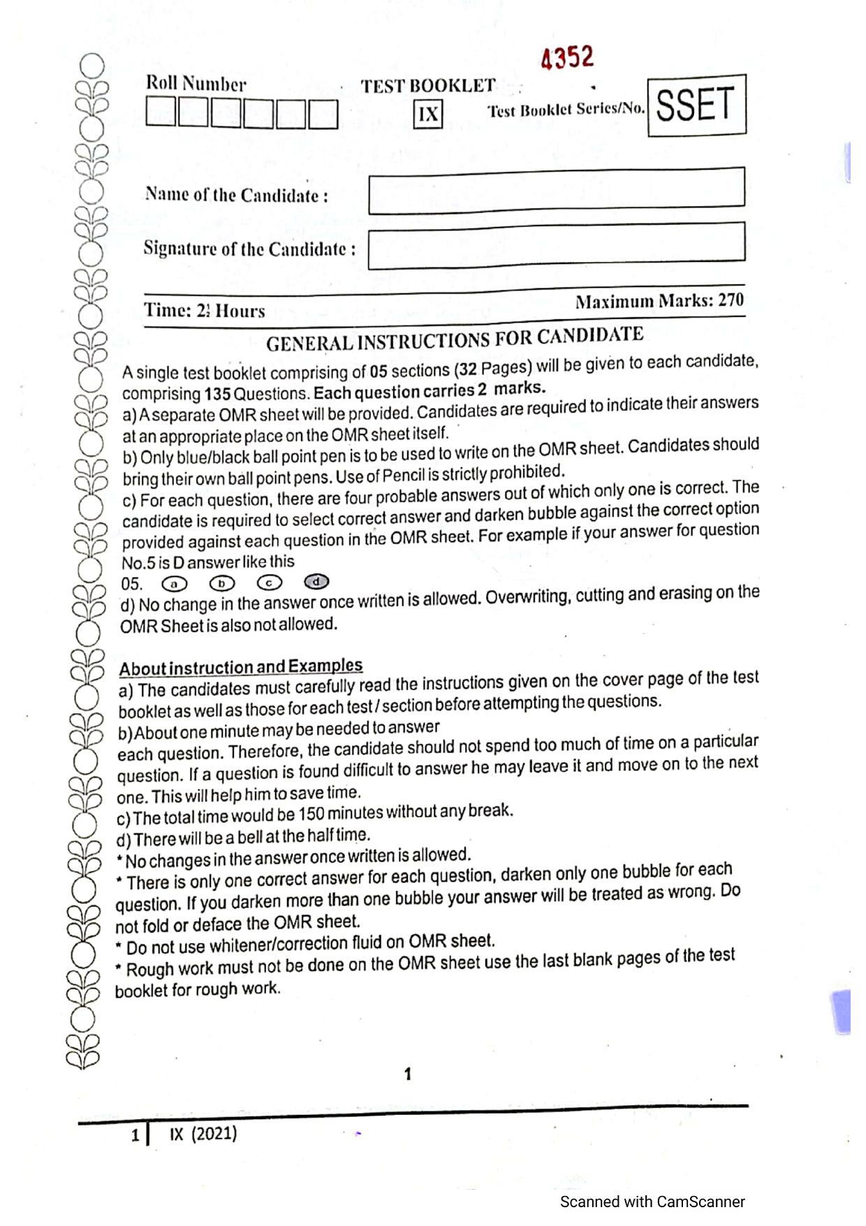 JKSSEE 2021 Class 9 Question Paper - Page 1