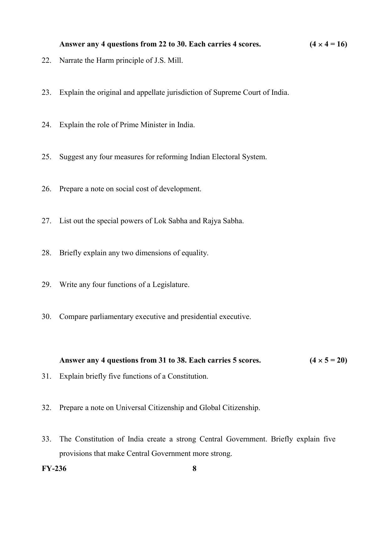 Kerala Plus One 2021 Political Science Question Papers - Page 8