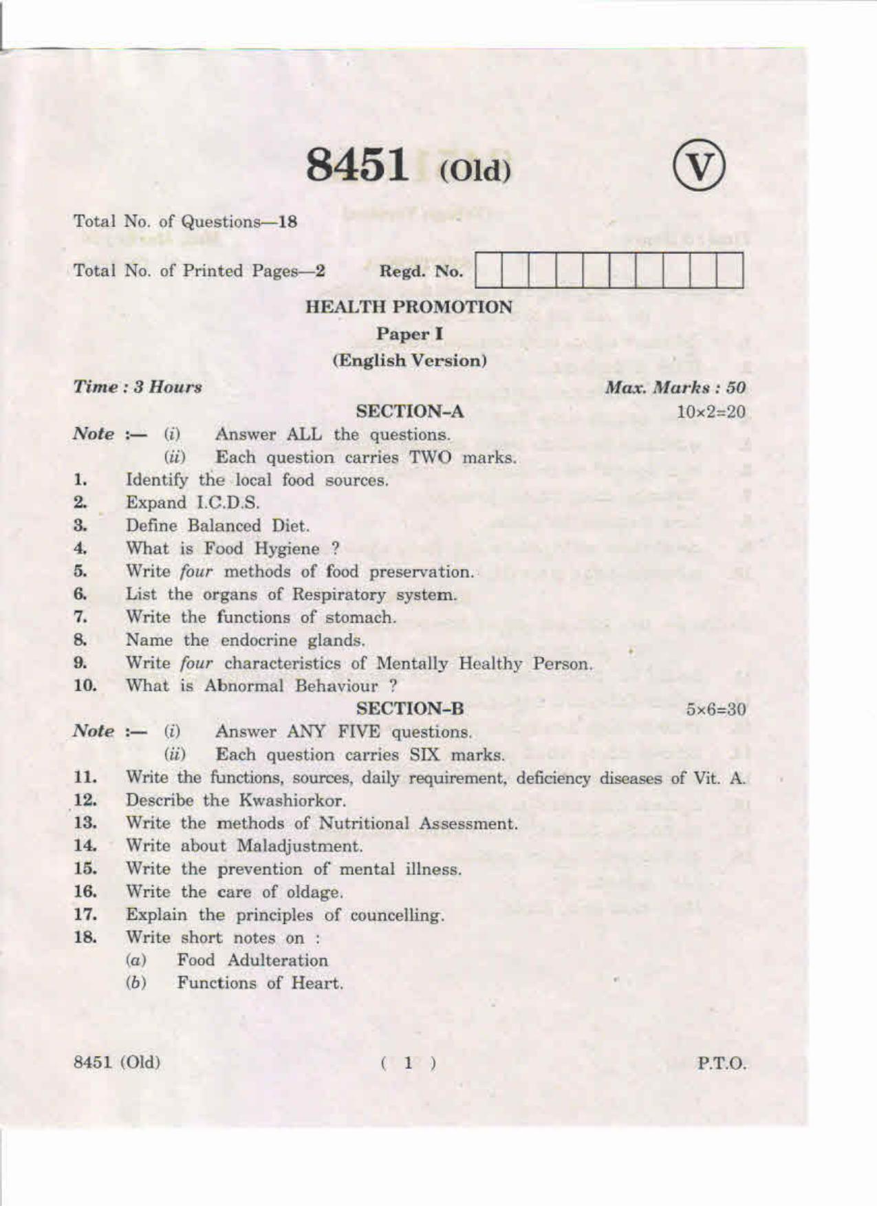 AP Inter 1st Year Health Promotion-I (Old) May-2019-Vocational Question Paper - Page 1