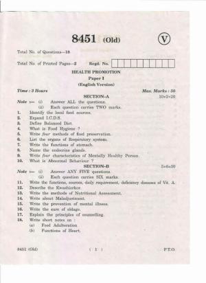 AP Inter 1st Year Health Promotion-I (Old) May-2019-Vocational Question Paper