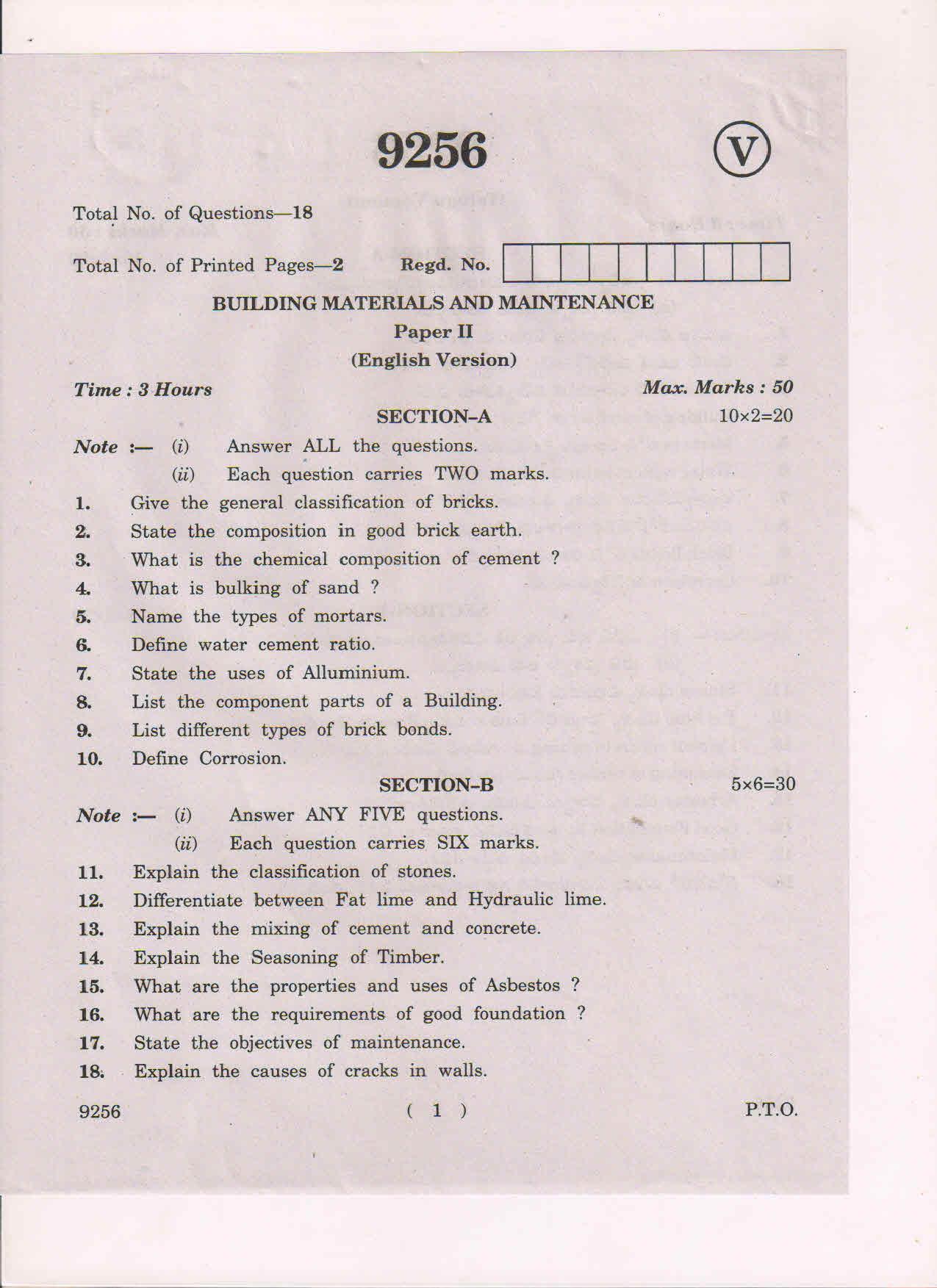 AP Inter 2nd Year Building Materials and Maintenance-II March-2019-Vocational Question Paper - Page 1