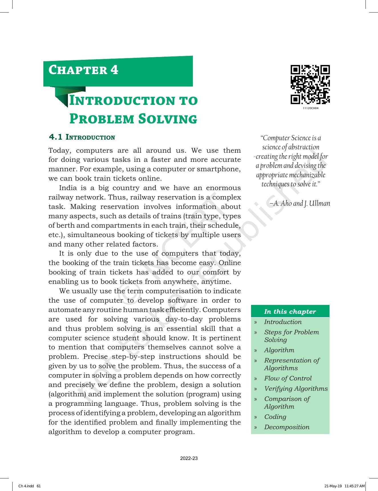 NCERT Book for Class 11 Computer Science Chapter 4 Introduction to Problem-Solving - Page 1