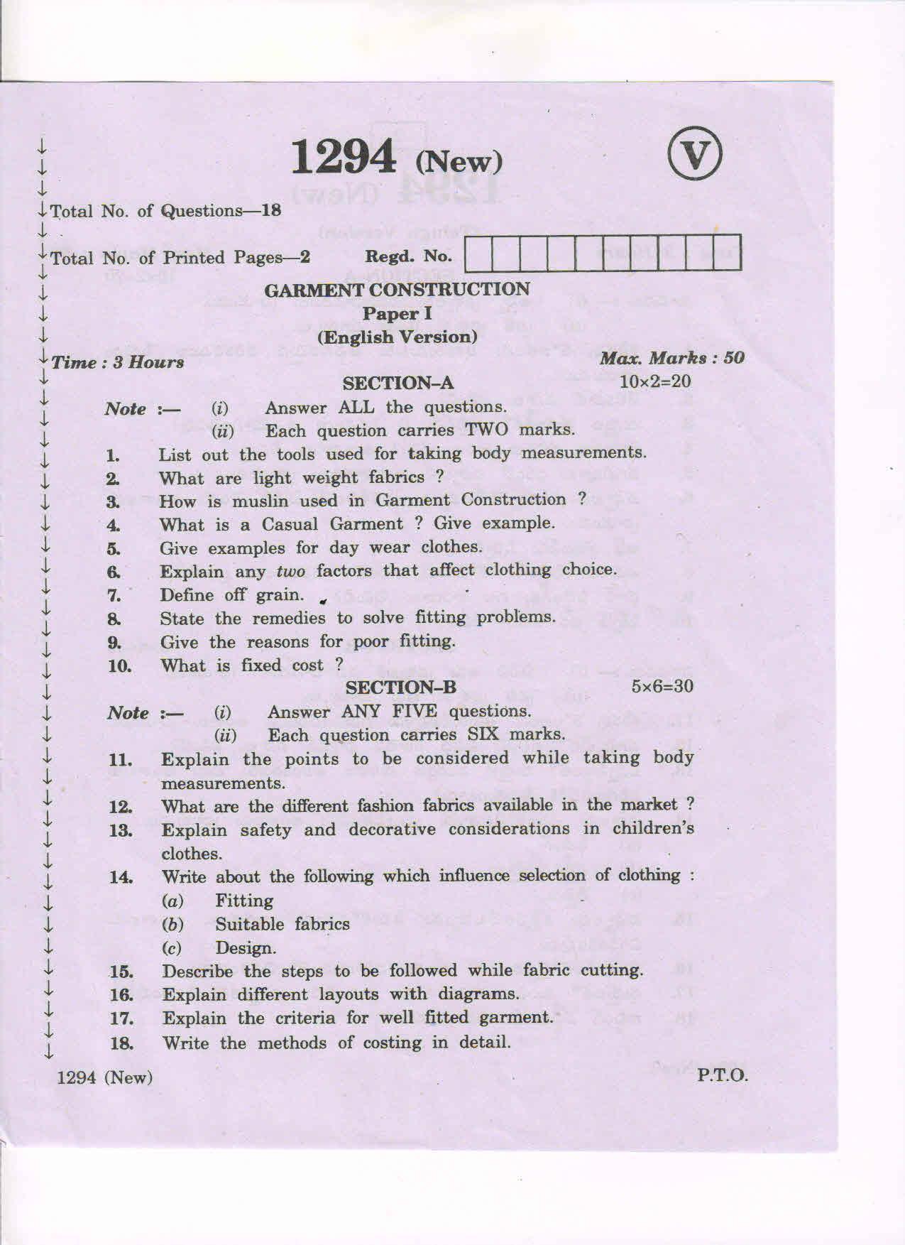AP Inter 2nd Year Vocational Question Paper March - 2020 - Garment Construction I - Page 1