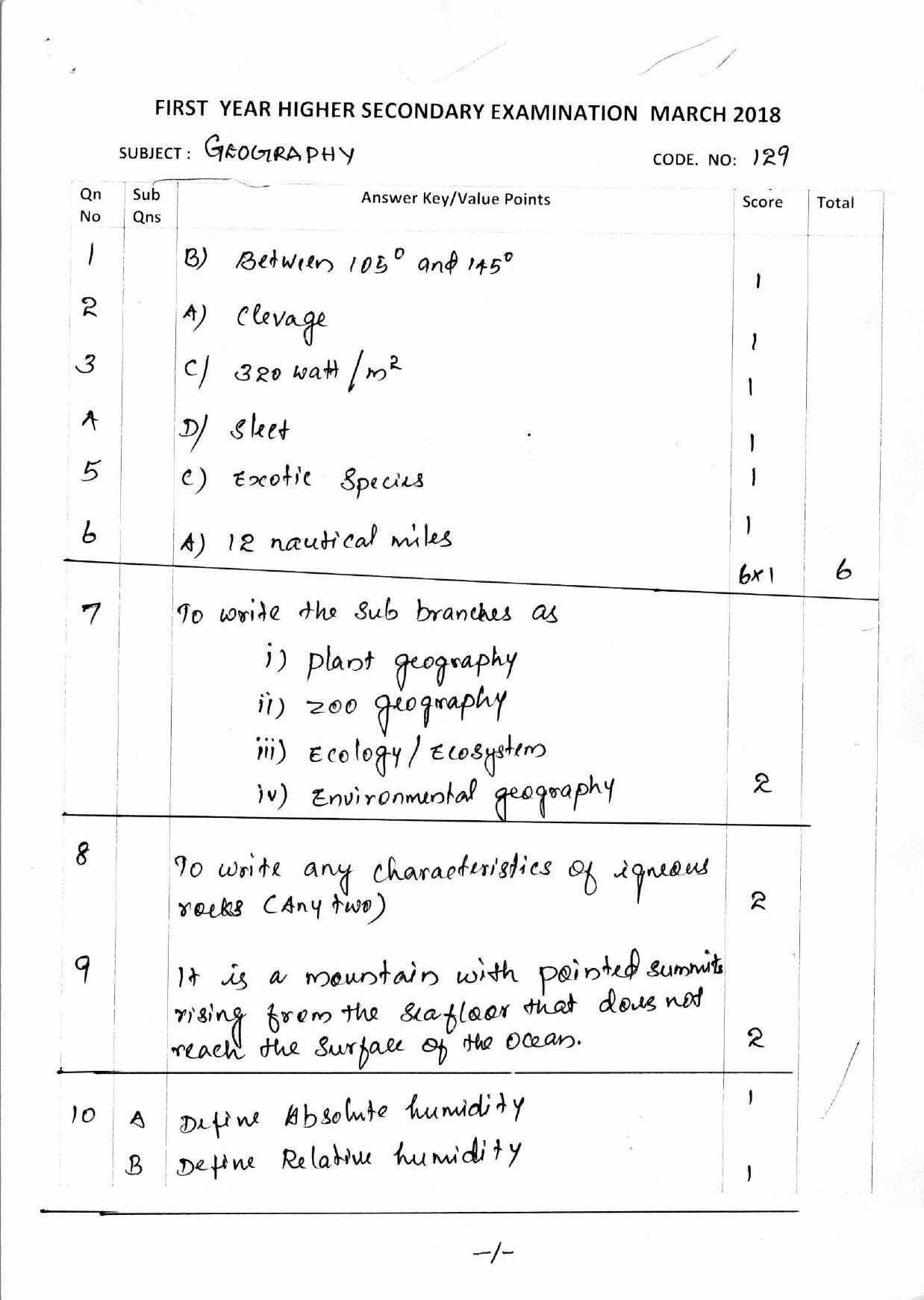 Kerala Plus One 2018 Geography Answer Key - Page 1