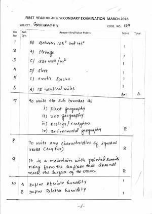 Kerala Plus One 2018 Geography Answer Key
