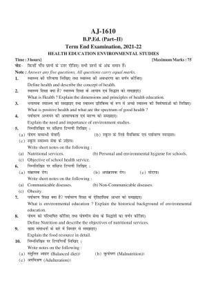 Bilaspur University Question Paper 2021-2022:Bachelor Of Physical Education  (Second Year) Health Education Environmental Studies paper 1