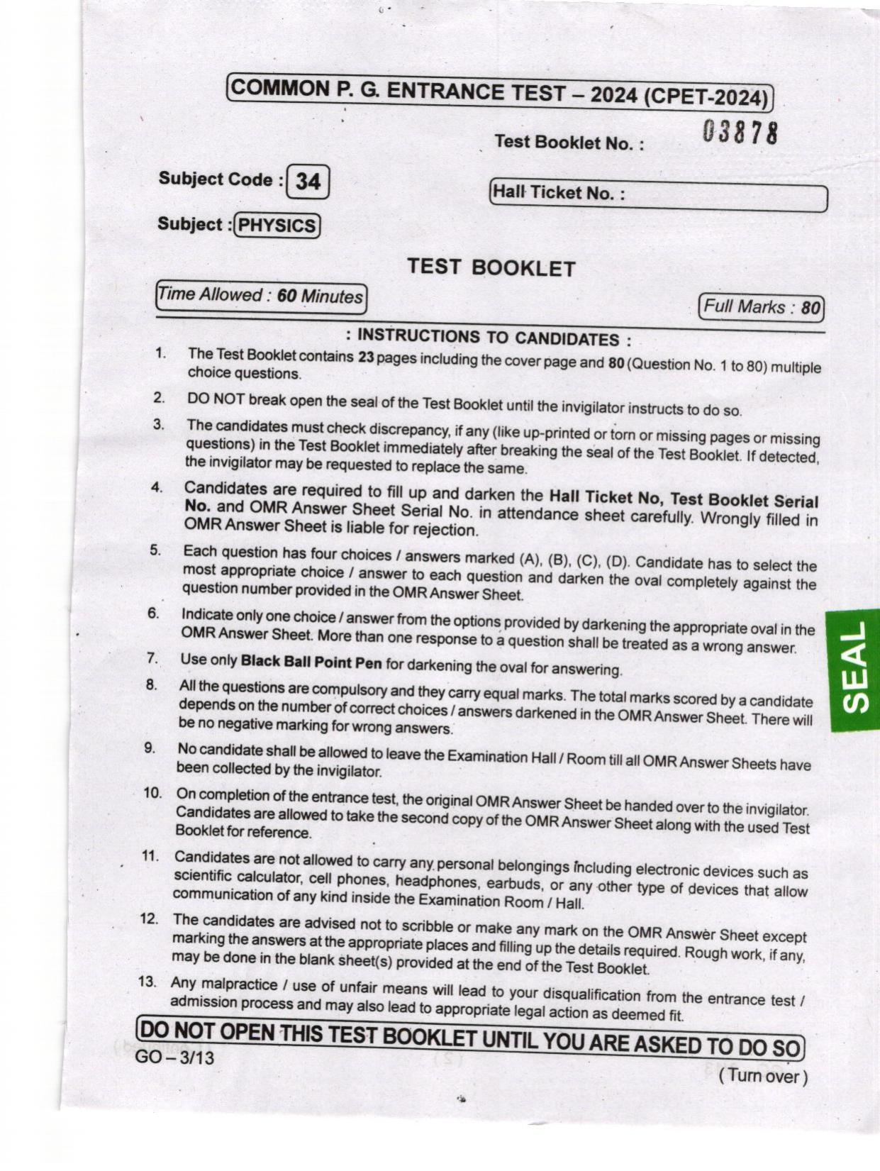 Odisha CPET 2024 PHYSICS Question Papers - Page 1