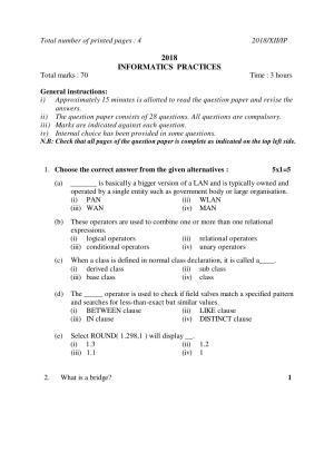 Nagaland Board Class 12 INFORMATICS PRACTICES 2018 Question Papers