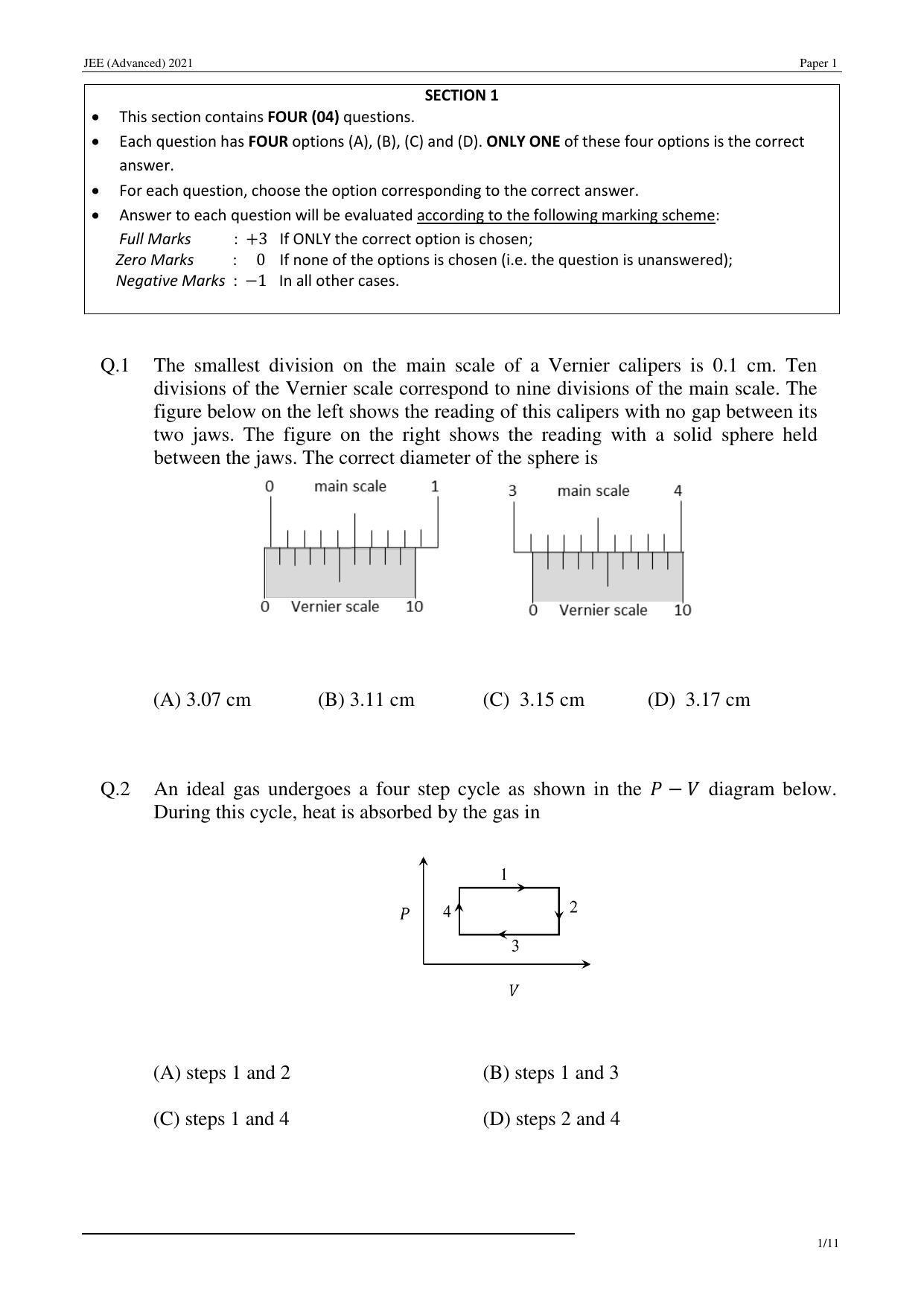 JEE (Advanced) 2021 Paper I - English Question Paper - Page 1