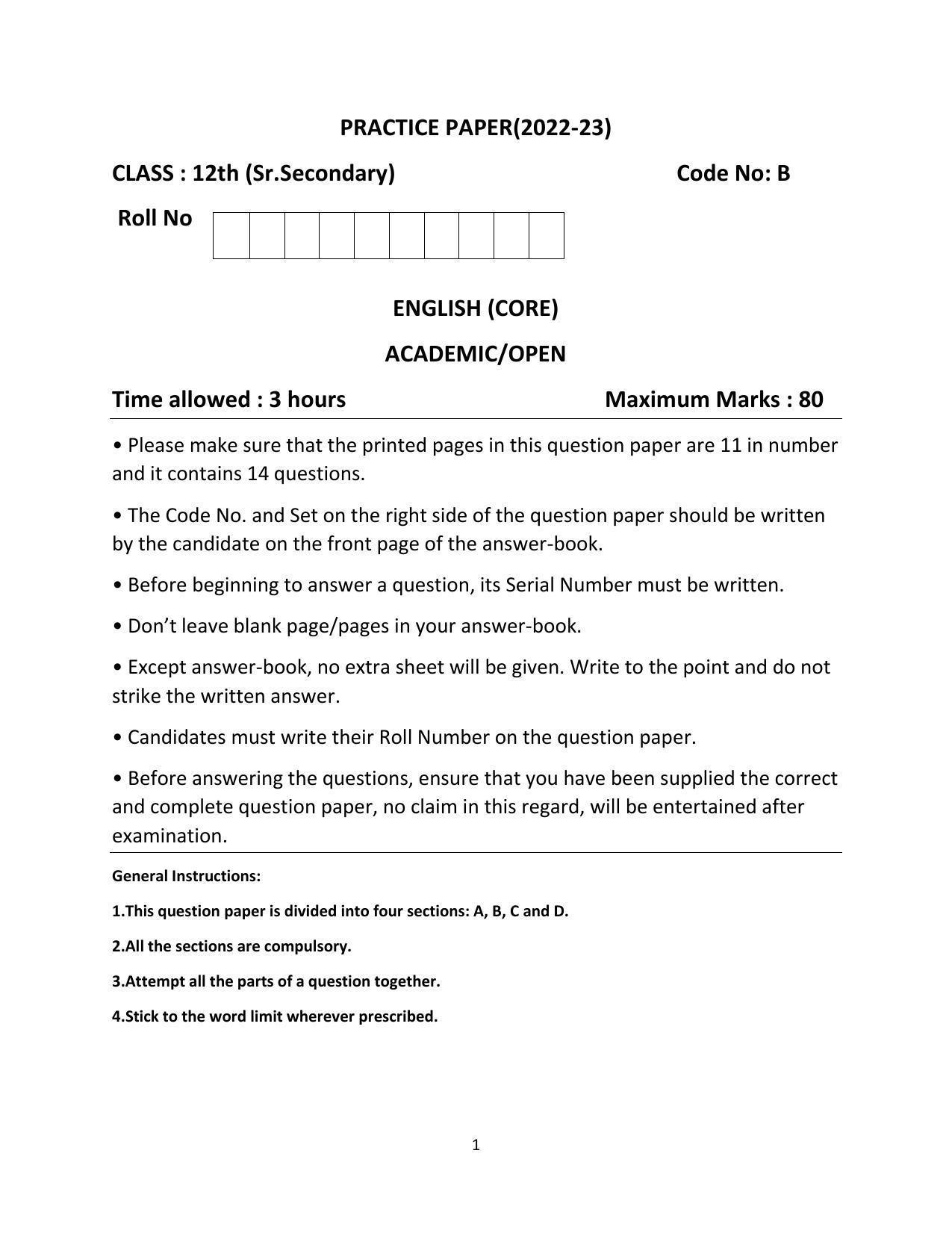 Haryana Board Class 12 English Code B Sample Papers - Page 1