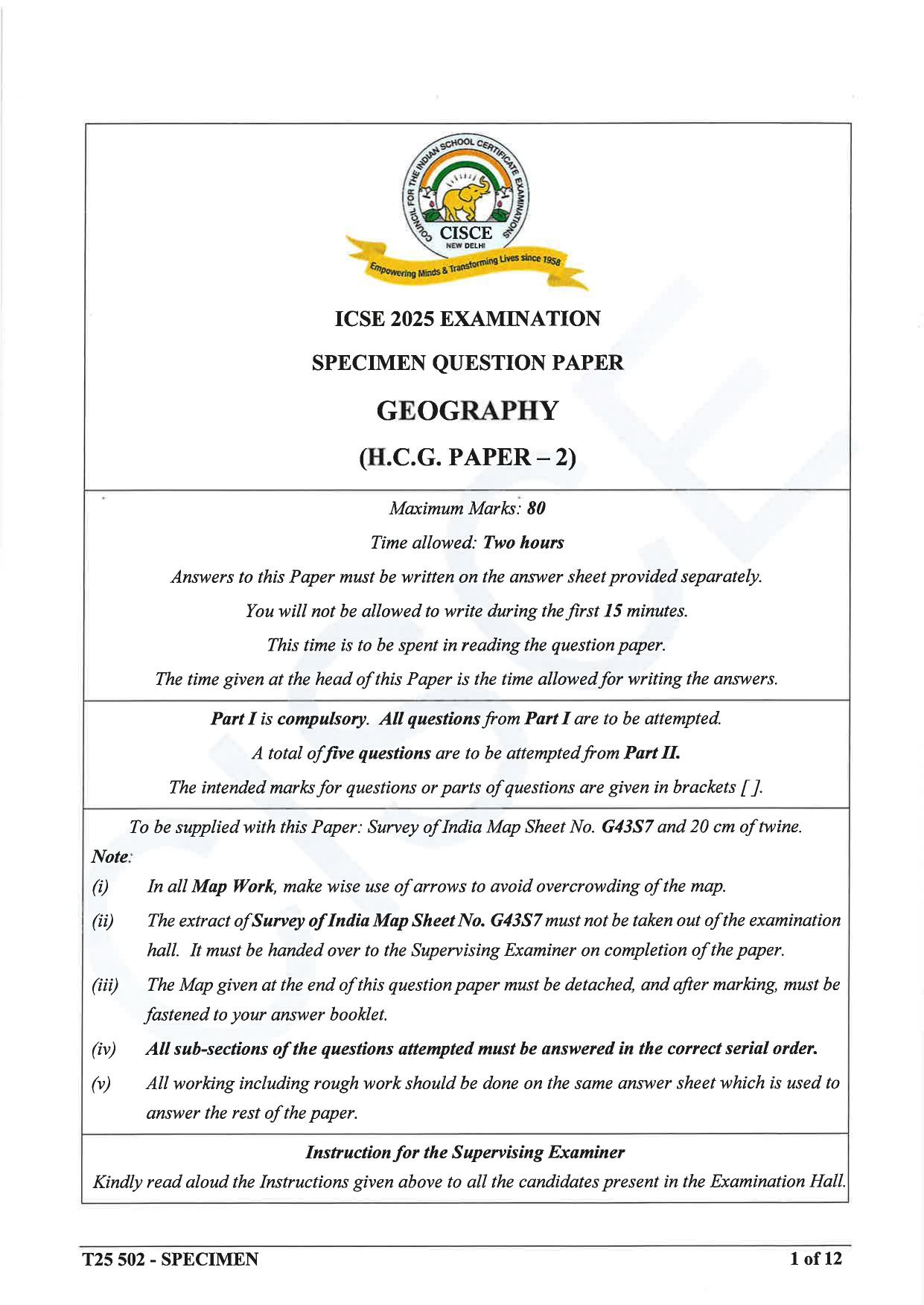 ICSE Class 10 2025 Geography (QP & MS) Specimen Paper - Page 1