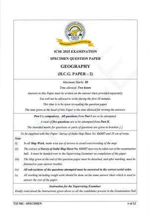 ICSE Class 10 2025 Geography (QP & MS) Specimen Paper