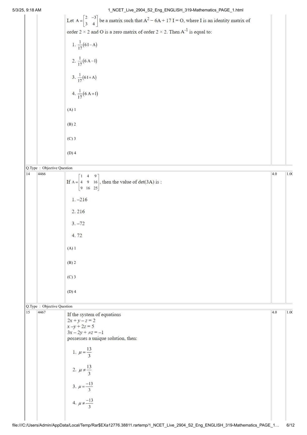 NCET 2025 Question Paper - Mathematics - Page 6