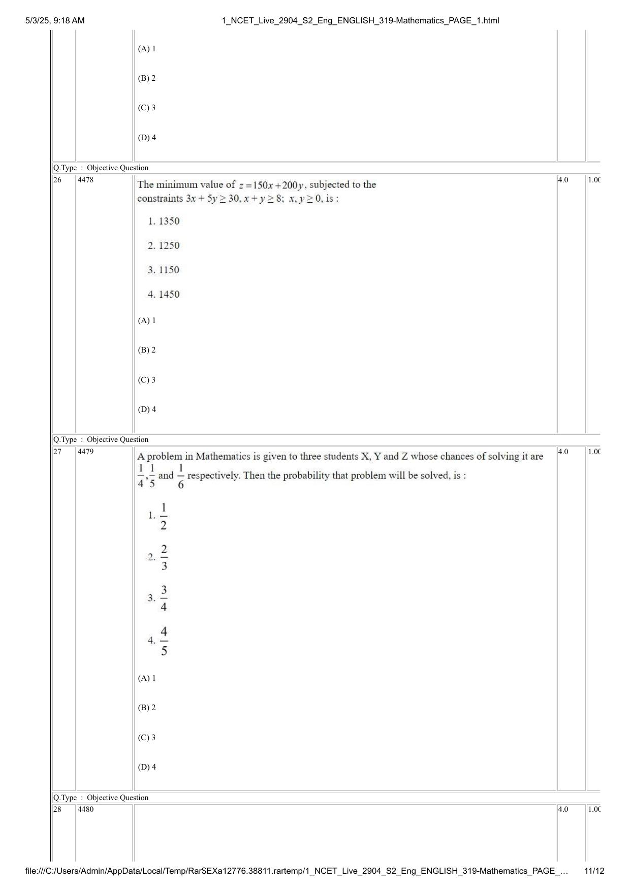 NCET 2025 Question Paper - Mathematics - Page 11