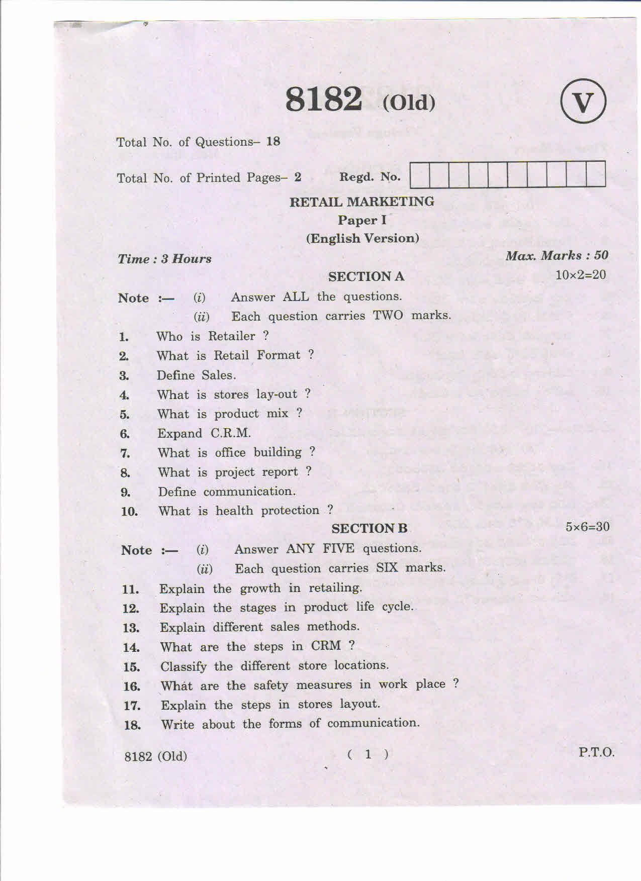 AP Inter 1st Year Retail Marketing-I (Old) March-2019-Vocational Question Paper - Page 1