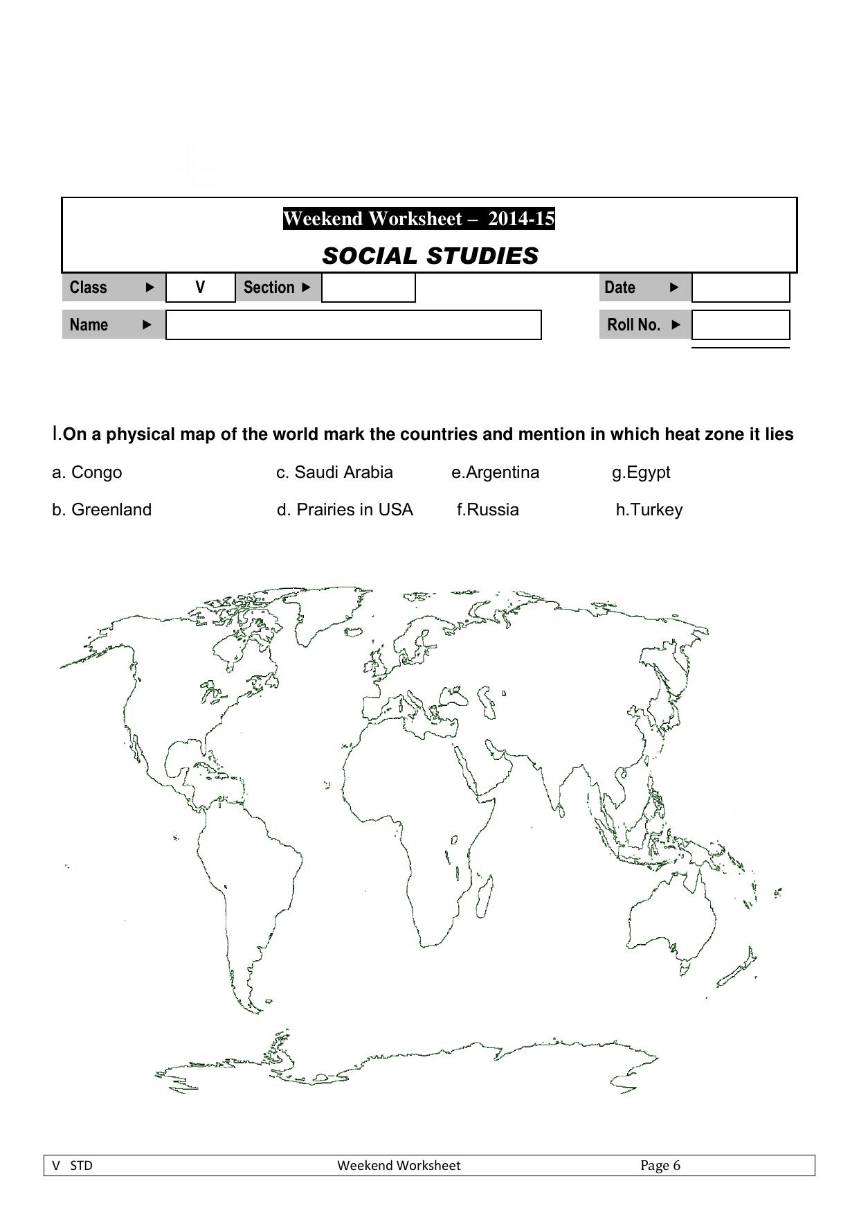 Worksheet for Class 5 Social Science World Map Assignment - Page 1