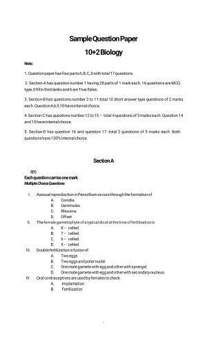 PSEB Class 12 Biology Model Papers